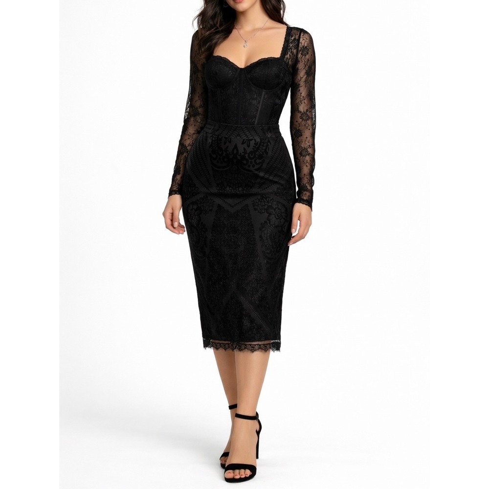 Whimsigoth Black Burnout Lace Pencil Skirt Size Medium Midi Gothic Romantic NWT